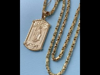 Золотой нательный жетон со святым Владимиром и гравировкой молитвы на цепочке плетения Краб Луксор