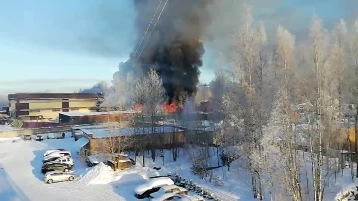 В посёлке Парголово, горит склад пиломатериалов на Выборгском шоссе 232 Размеры здания 15х100 м., в...