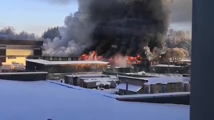 В посёлке Парголово, горит склад пиломатериалов на Выборгском шоссе 232 Размеры здания 15х100 м., в...
