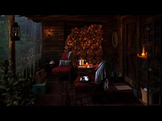 [Cozy Rain] Cozy Cabin Porch Ambience with Powerful Rain and Heavy Thunder - Rainstorm at Night