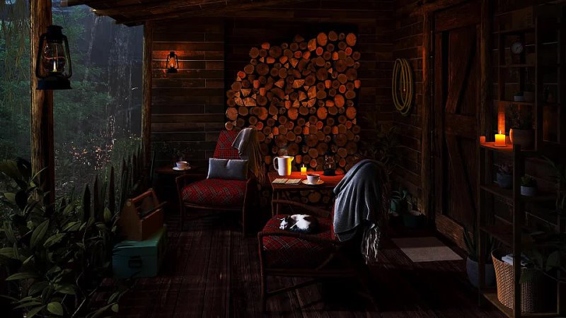 [Cozy Rain] Cozy Cabin Porch Ambience with Powerful Rain and Heavy Thunder - Rainstorm at Night