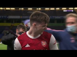 One of the Arsenal staff pouring water over Kieran Tierney during his post-match interview.mp4