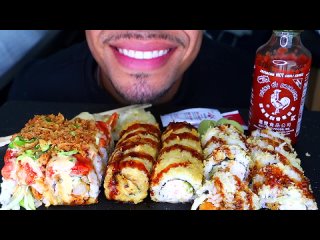 [Jerry] EATING SUSHI ROLLS SPICY FRIED RICE BIG BITES MOUTH SOUNDS NO TALKING MUKBANG HOT CHALLENGE