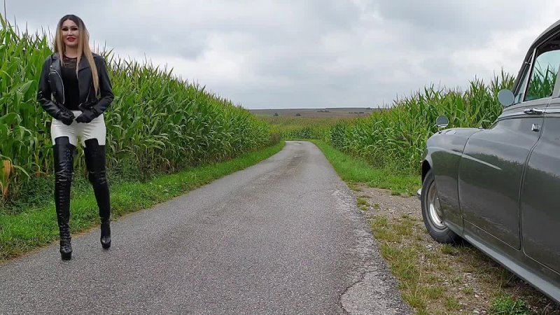 Granate Styling, walking in public, corn field, crotch high boots, high heels,