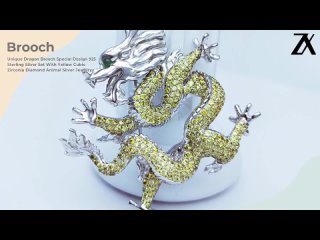 Unique Dragon Brooch 925 Sterling Silver With Yellow Cubic Zirconia Diamond Animal Silver Jewelry