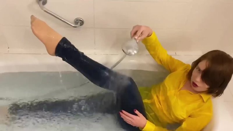 WETLOOK - WET HAIR - GET WET IN YELLOW SHIRT AND TIGHT JEANS - FULLY CLOTHED - 