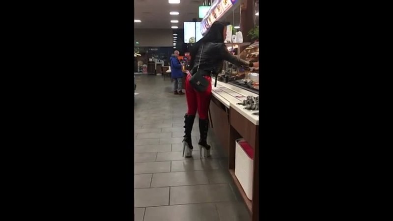 Red leather pants walking in