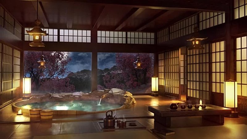 Japanese Onsen Water Sounds with Piano, Flute and Koto Music for Sleep,