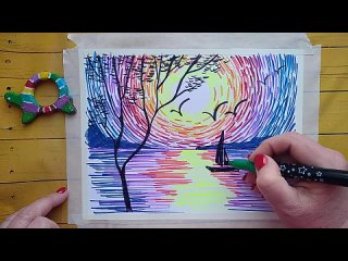 Как нарисовать фломастерами закат __Серия #Рисуем фломастерами#. Вечерний пейзаж