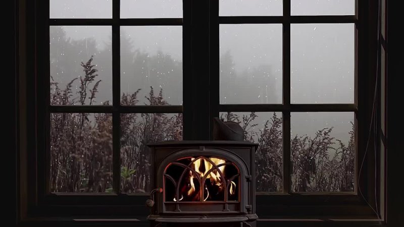 Rain on window crackling fire and misty atmosphere for sleep, study,