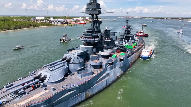 Battleship Texas USS Texas BB35 Arrives in Galveston Texas After Move From La Porte TX Drone Video