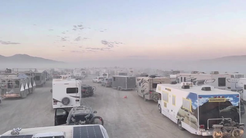 Sunrise during Exodus at Gate Road, Burning Man 2022