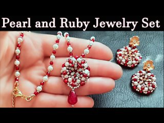 Pearl and Ruby Jewelry Set Beads Earrings & Necklace Beaded Jewelry Making Beginners Tutorial