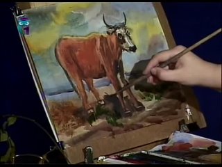Уроки рисования (№ 48) акварелью. Рисуем корову на фоне пейзажа