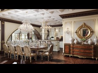 Светлая и роскошная кухня-столовая в классическом стиле с арочным окном.