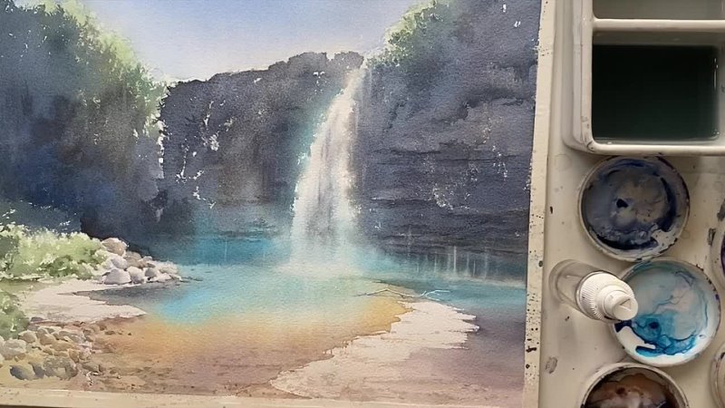 Watercolor Kanta Harusaki  Yoko Harusaki. Акварель. Водопад Кагосима Огава
