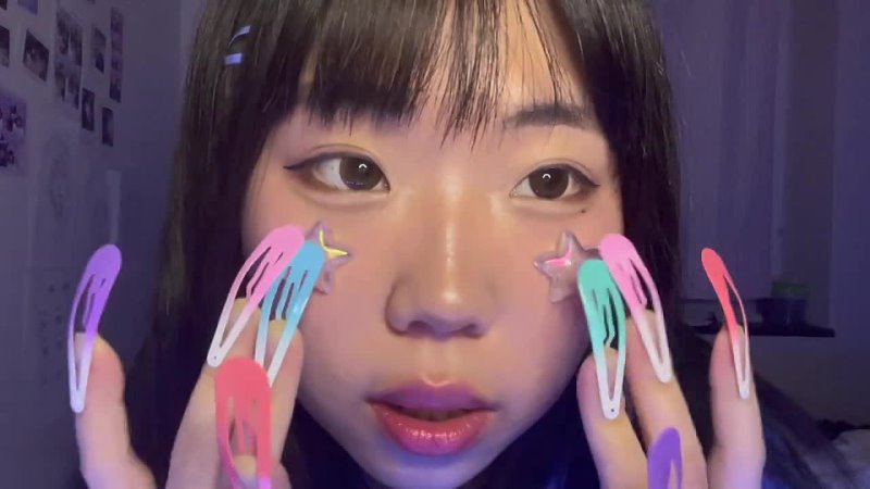 K1ttenscafe ASMR, Face Touching with Clips as Nails (real camera