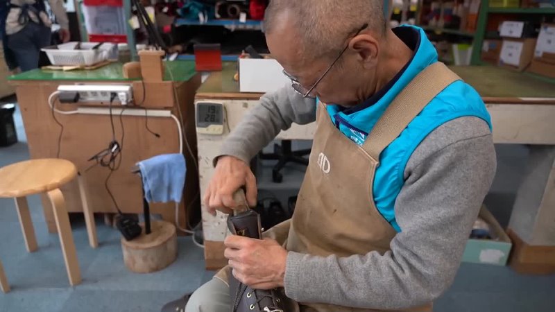 Process of making hiking boots. Handmade shoes made by Japanese craftsmen