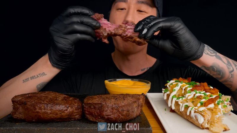 ASMR MUKBANG FILET MIGNON LOADED BAKED POTATO COOKING EATING SOUNDS Zach Choi