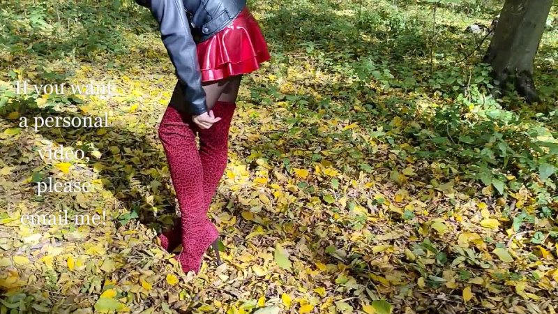 Walk In The Woods Outdoors, Tights, Red Boots, Red Skirt, High Heels