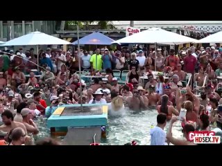 Девки в коротких купальниках готовы публично раздеться на пляжной вечеринке