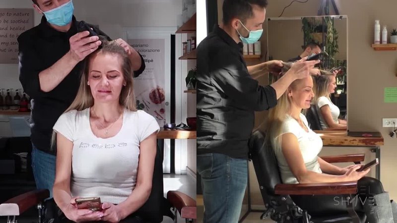 Model Shave Woman with long blond hair shaves her head bald at the hair salon.
