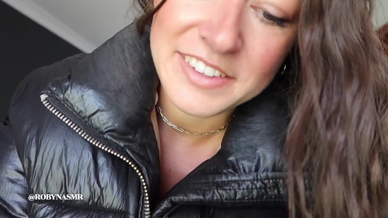 British girl Robyn asmr with black puffer and leather jacket