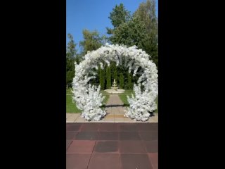 Полукруглая арка из белых роз, гипсофилы и дельфиниума для выездной регистрации брака