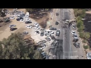 This is drone footage of the aftermath of the Rave massacre in southern Israel where Hamas terrorists slaughtered at least 260 i