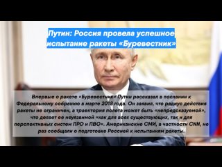 Путин: Россия провела успешное испытание ракеты «Буревестник»