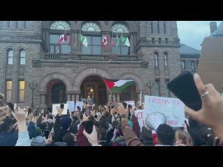 Сотни людей участвуют в митинге возле здания парламента в Торонто, Канада, в знак протеста против израильской кампании геноцида