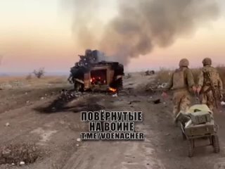 A destroyed German Marder 1A3 infantry fighting vehicle of the Armed Forces of Ukraine is burning out in the Verbovoy area