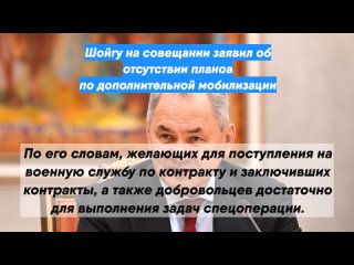 Шойгу на совещании заявил об отсутствии планов по дополнительной мобилизации