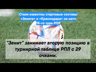 Стали известны стартовые составы «Зенита» и «Краснодара» на матч 15-го тура РПЛ
