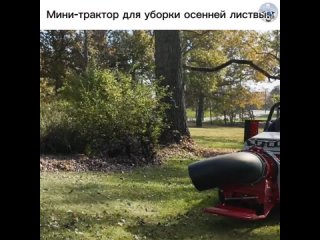Мини-трактор, способный убирать опавшие листья с помощью воздушного потока из трубы и сгребать их с помощью сетчатого... (видео)