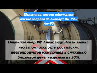 Шульгинов: власти обсуждают снятие запрета на экспорт Аи-92 и Аи-95