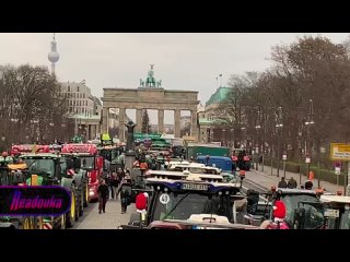 В Берлине несколько сотен тракторов блокируют дорогу возле Бранденбургских ворот в знак протеста против людоедской политики влас
