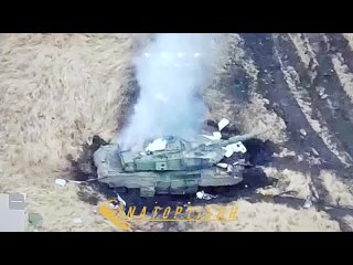 Подбитый танк Stridsvagn 122 (Leopard 2A5) ударами FPV-дронов (заявлено) в районе н.п. Терны на Купянском направлении.