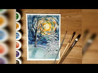 Зимний рисунок для детей. Как нарисовать зимний пейзаж гуашью Tree Winter Рисуем вместе с детьми.mp4