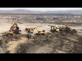 Four Excavators On The Line Caterpillar 365C And Komatsu PC800 Loading Trucks