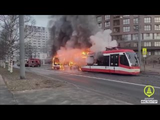 На улице Савушкина, у пересечения с улицей Покрышева утром сгорел трамвай