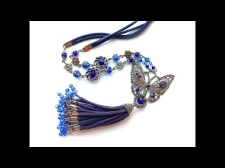 Синий сотуар-бабочка с кистью из бусин страз “Сапфир“(2212)