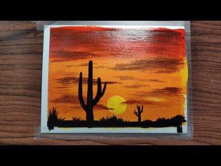 Landscape Challenge #8 - Desert Cactus Sunset _ Acrylic Painting for beginners _