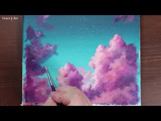 Pink Clouds in Night Sky _ Easy acrylic painting for beginners _ PaintingTutoria