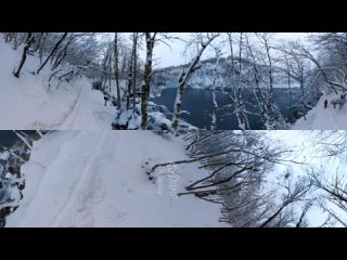 360°, Plitvice Lakes in Winter, Croatia. 8K aerial video
