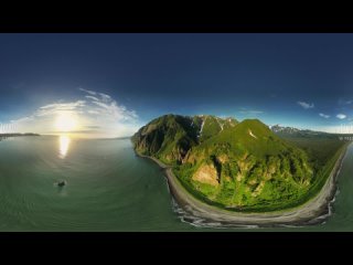 Whales and bears. Kamchatka Peninsula, Eastern coast, Bering sea, Russia. Aerial 360 video in 12K