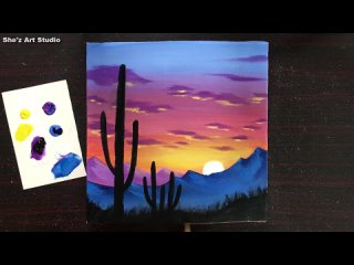 Cactus in Sunset Scenery Painting Tutorial for beginners _ Acrylic Painting Dese