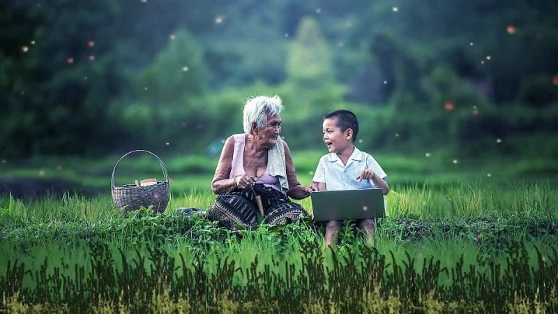 HD Grandma and Grandson Sitting on Grass Field VideoBackground  No Text  No Sound @OneMinuteVideo