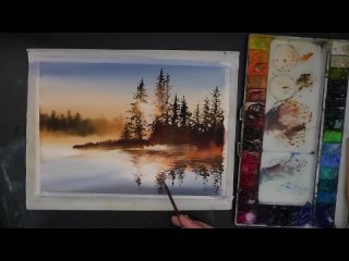 watercolor painting foggy landscape - Sunrise scene