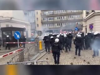 Польский полицейский кидает в протестующих камни